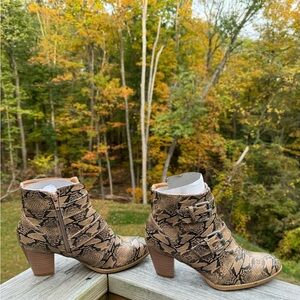 Coconuts lizard-like upper, heeled boots; Size 8